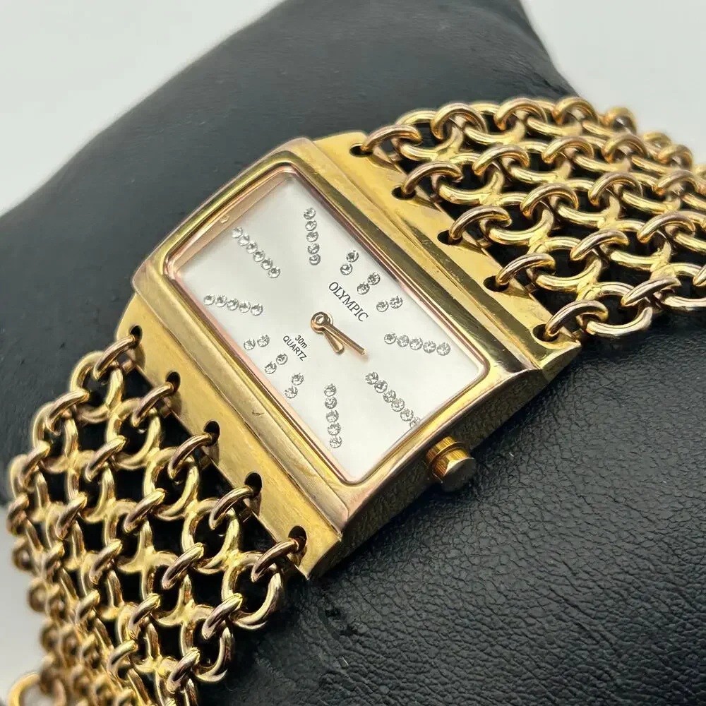 Olympic Gold Tone Crystal Accents Women’s Watch Working New Battery